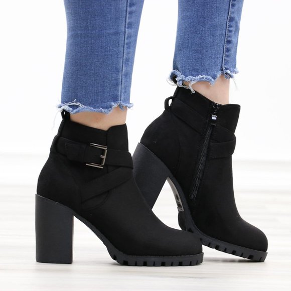 Shoes - Faux Suede Black Lug Sole Ankle Boots